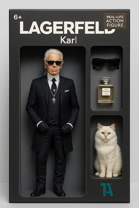 Karl Lagerfeld als Real-Life Actionfigur im Anzug mit Chanel-Parfum, Sonnenbrille und Katze Choupette – Sammleredition