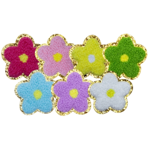 Aufnäher / Patch Set, Chenille, 7 Blumen, Goldglitzer-Untergrund, Klebefläche, 50x50 mm - Bild 1