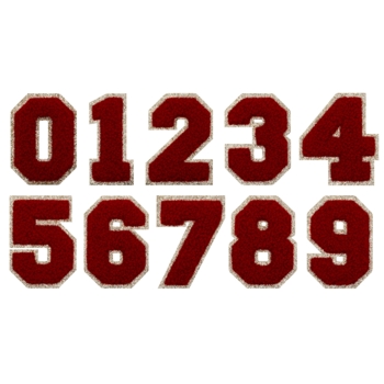 Aufnäher / Patch Set, Chenille, 10 Zahlen 0-9, heller Goldglitzer-Untergrund, Klebefläche, Rot - Bild 1