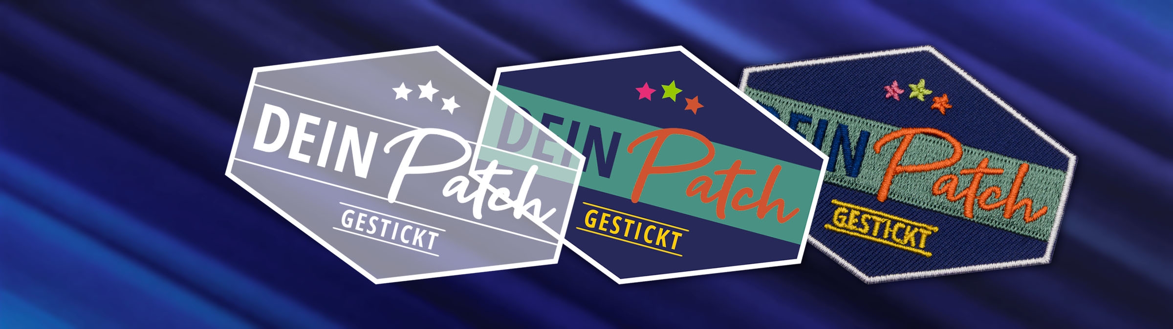 Darstellung von der Idee zum Produkt - drei Schritte: einfache Zeichnung, Feinzeichnung und fertiger Aufnäher