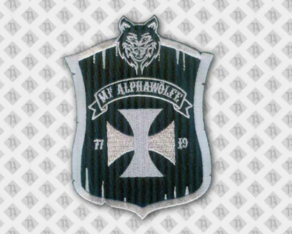 Aufnäher Patch gestickt in Wappenform mit grauem Rand und Motiv Wolf Kreuz