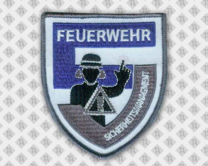 Gesticker Patch Aufnäher mit Kettelrand in Wappenform Sicherheitsmanagement Feuerwehr
