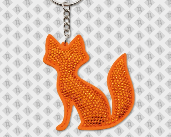 Orangener Schlüsselanhänger aus Kunstleder, gepolstert (das Motiv wirkt dreidimensionaler) - Motiv: Fuchs mit Strasssteinen