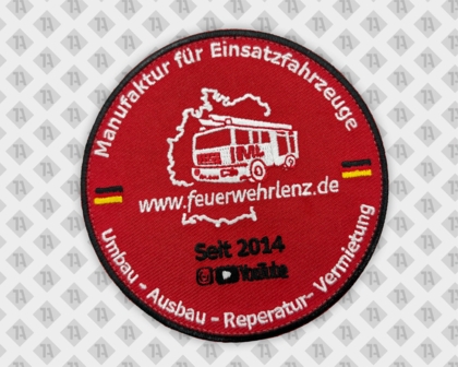 Runder Patch Aufnäher gestickt mit Kettelrand Feuerwehr Lenz Einsatzfahrzeuge rot schwarz