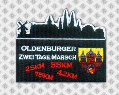 Konturgeschnittener Patch Aufnäher gestickt mit gesticktem Rand Landschaft Türme Nordmarsch Firmen