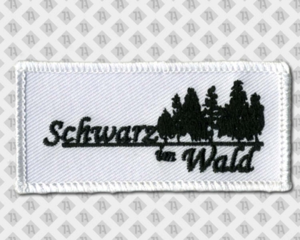 Rechteckiger gestickter Patch Aufnäher mit Kettelrand schwarz weiß Schwarzwald Bäume Firmen