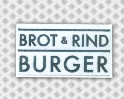 Eckiger gestickter Aufnäher Patch mit gestickten Rand weiß schwarz von Brot Rind und Burger Gastro
