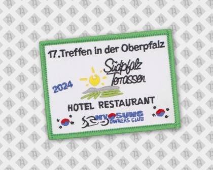 Eckiger Patch Aufnäher gestickt mit Kettelrand Hotel und Restaurant bunt Gastro