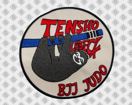 Runder Patch Aufnäher gestickt mit gesticktem Rand Faultier BJJ Judo Lübeck Tensho Kampfsport Kampfkunst