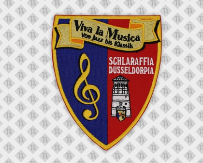 Wappenförmiger Patch „Viva la Musica – Von Jazz bis Klassik“ mit Lyra und Schlaraffia Düsseldorf-Motiv