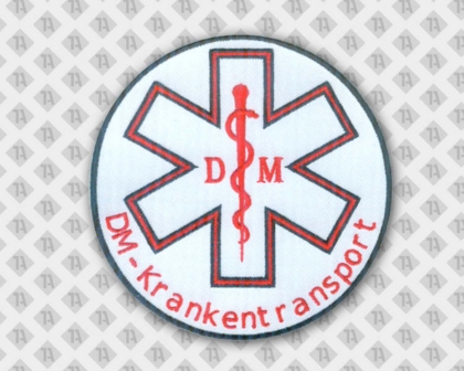 Runder gestickter Patch Aufnäher mit Stickrand weiß rot Krankentransport Feuerwehr