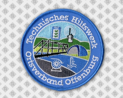Runder gestickter Patch Aufnäher mit Kettelrand blau weiß Brücke THW Rettungsdienst