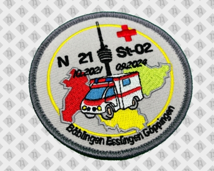 Runder gestickter Rettungsdienst-Patch mit Krankenwagen und Landkreisen Böblingen, Esslingen, Göppingen