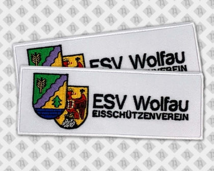 Eckiger Gestickter konturgeschnittener Patch Aufnäher mit Kettelrand ESV Wolfau bunt Wappen Schützenverein
