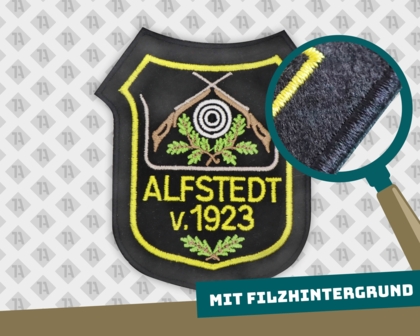 Konturgeschnittener Aufnäher Patch gestickt mit Kettelrand Wappenform und Filzhintergrund schwarz Schützenverein