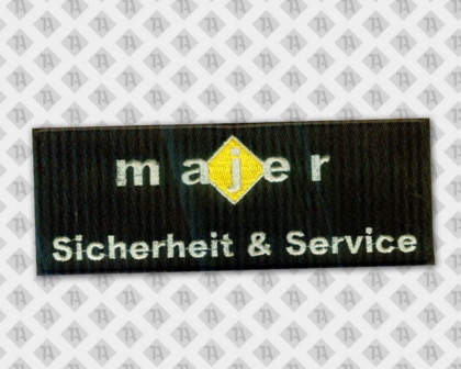 Eckiger Patch Aufnäher gestickt mit Stickrand Sicherheitsdienste weiß schwarz Majer Sicherheit und Service