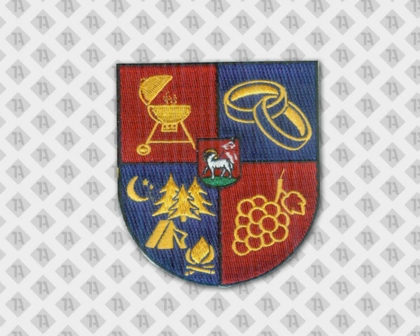 Gestickter Patch Aufnäher Badge Abzeichen Wappenform mit Stickrand blau rot gelb Grill Ringe Traube Zelt Vereine