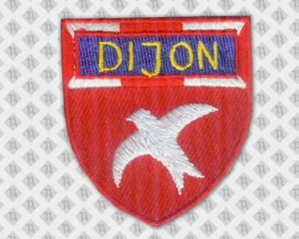 Gestickter Aufnäher Patch Abzeichen Badge in Wappenform mit gesticktem Rand rot weiß Vogel Vereine