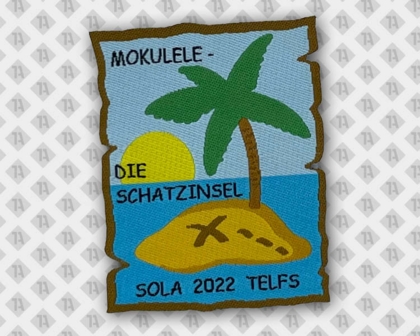 Konturgeschnittener Patch Aufnäher gewebt mit Kettelrand Palme Schatzinsel Pfadfinder