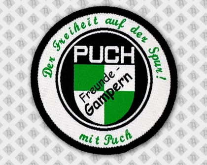 Runder gewebter Patch Aufnäher Kettelrand weiß grün schwarz Puch Wappen Vereine