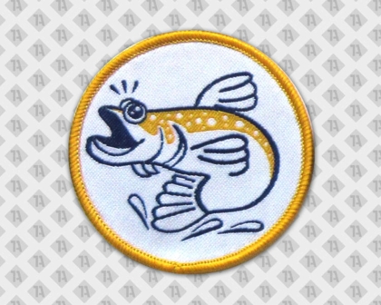 Runder Patch Aufnäher Abzeichen Badge gewebt mit Kettelrand Fisch gelb weiß Vereine