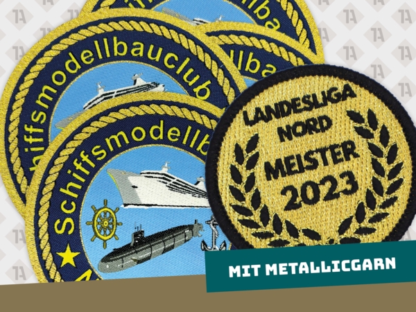 Aufnäher und Patches in Wunschform mit Metallicgarn gewebt gestickt