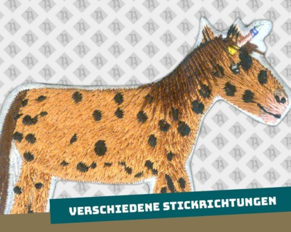 Konturgeschnittener Patch Aufnäher gestickt mit verschiedenen Stickrichtungen Pferd Fell braun