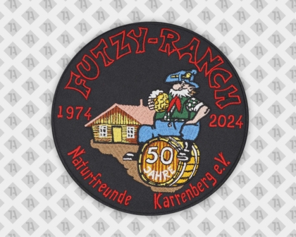Runder gestickter Patch mit gesticktem Rand Futzy Ranch Naturfreunde Haus Bierfass 50 Jahre Vereine