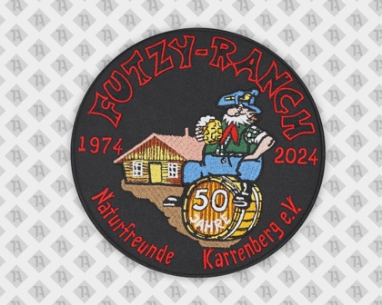 Runder Patch Aufnäher Abzeichen Badge gestickt mit gesticktem Rand Karrenberg e.V. Bier Hütte Bierfass Cabin Futzy Ranch Naturfreunde Allgemein