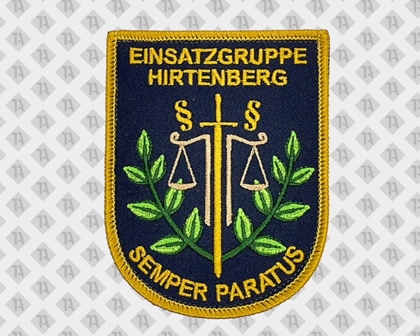 Gestickter Aufnäher Einsatzgruppe Hirtenberg mit Schwert, Waage und Lorbeerzweigen