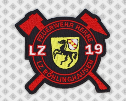 Konturgeschnittener Aufnäher Patch gestickt rot gelb schwarz Herne Feuerwehr