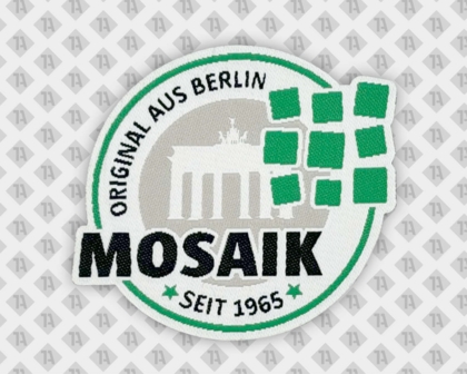 Gewebter Patch konturgeschnitten mit Laserschnitt feine Details Mosaik Berlin Firma