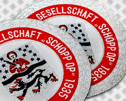 Runder Patch Aufnäher gewebt mit metallic silber Gesellschaft Karneval