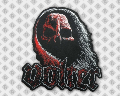 Konturgeschnittener Patch Aufnäher gewebt mit Kettelrand Musiker und Bands schwarz rot weiß volter Totenkopf