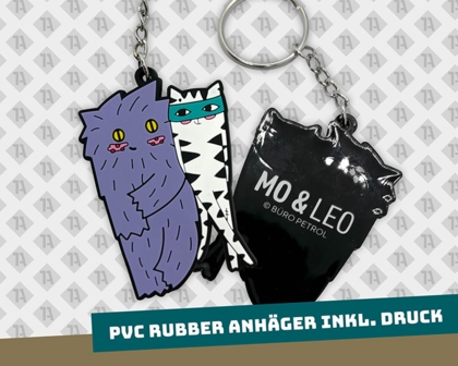 PVC Rubber Schlüsselanhänger Mo & Leo Büro Petrol bedruckte Rückseite Firmen