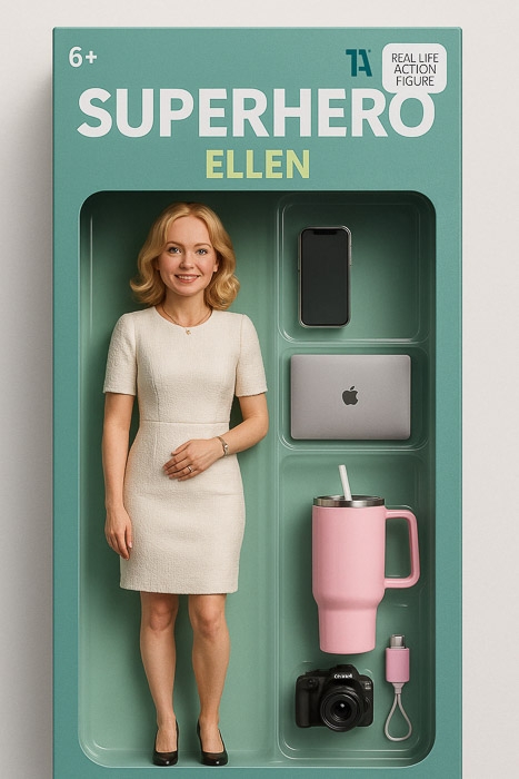 Ellen als Superheldin im Business-Look mit Smartphone, MacBook, Kamera, Becher und Adapter – ab 6+
