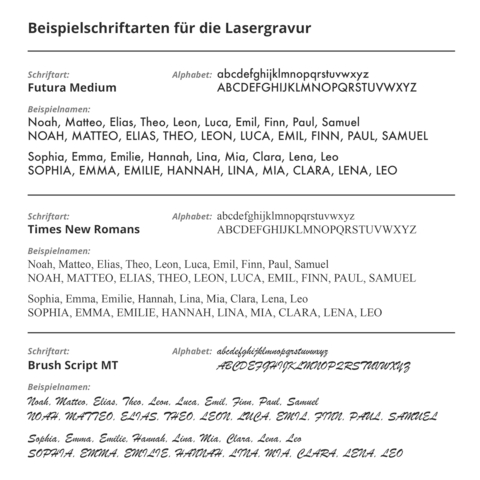 Übersicht von einigen Beispielschriften für die Lasergravur