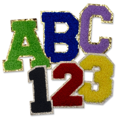 Aufnäher / Patch Set, Chenille, 2 Buchstaben/Zahlen, Glitzer-Untergrund, Klebefläche, 55 mm hoch - Bild 1