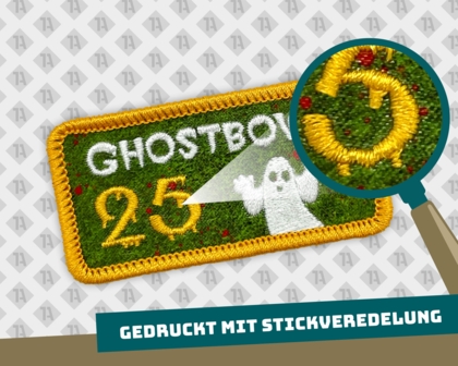 Eckiger Patch Aufnäher gedruckt mit Kettelrand und gestickt Rasen Geist Ghostbowl Allgemein Special Kombination Möglichkeiten