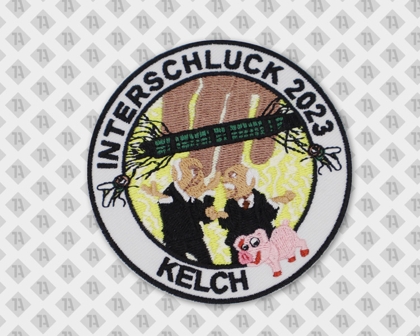 Runder Aufnäher Patch mit gesticktem Rand Interschluck 2023 und Schwein als Motiv