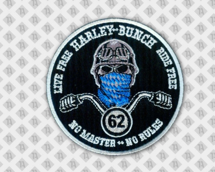 Gestickter Aufnäher Patch mit gesticktem Rand rund schwarzer Hintergrund mit weißer Schrift und Biker