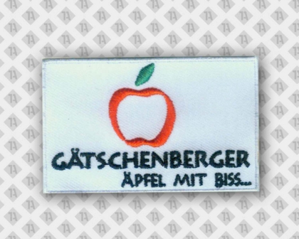 Rechteckiger Aufnäher Patch gestickt mit Stickrand Apfel weiß schwarz Firma