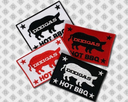 Patch Aufnäher gestickt mit gesticktem Rand rechteckig Schwein Hot BBQ Dixigas Firmen