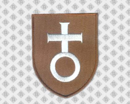 Brauner Patch Aufnäher gestickt mit weissem Stick für Pfadfinder Kirche
