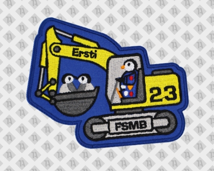 Konturgeschnittener gestickter Patch Aufnäher mit gesticktem Rand für Schule Uni in gelb blau Pinguine Bagger