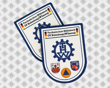 Gestickter THW-Patch OV Rotenburg (Wümme) mit Emblemen und Kettelrand – Aufnäher für Katastrophenschutz