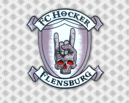 Konturgeschnittener Aufnäher Abzeichen Badge Patch gewebt Konturschnitt Hocker Flensburg Schädel Vereine