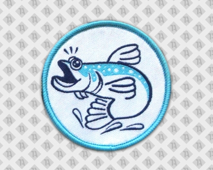 Runder Patch Aufnäher Abzeichen Badge gewebt mit Kettelrand Fisch blau weiß Vereine
