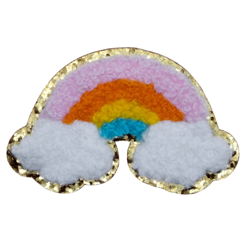 Aufnäher / Patch, Chenille, Regenbogen, Goldglitzer-Untergrund, Klebefläche, Rosa / Orange / Gelb / Cyan, 70x45 mm - Bild 1