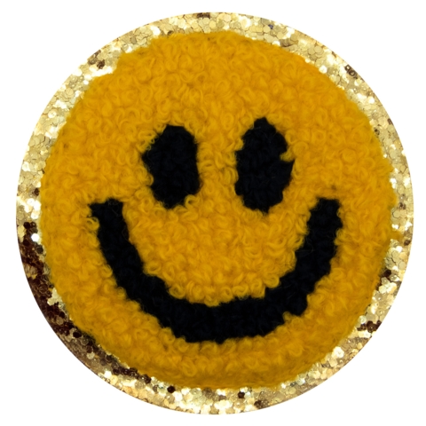 Aufnäher / Patch, Chenille, Smiley, Goldglitzer-Untergrund, Klebefläche, Dunkelgelb, 55x55 mm - Bild 1